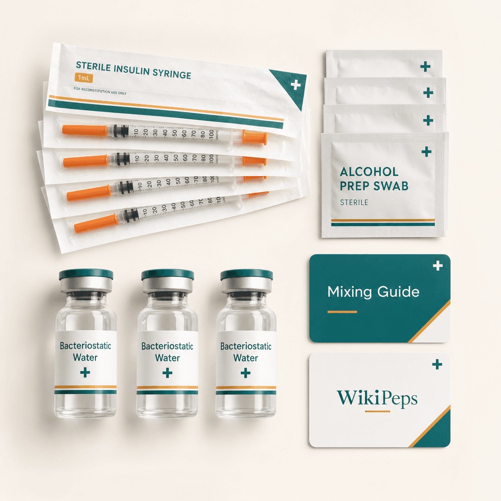 The WikiPeps Complete Kit — sterile insulin syringes, alcohol prep pads, bacteriostatic water vials, and reference cards laid out on a clean surface
