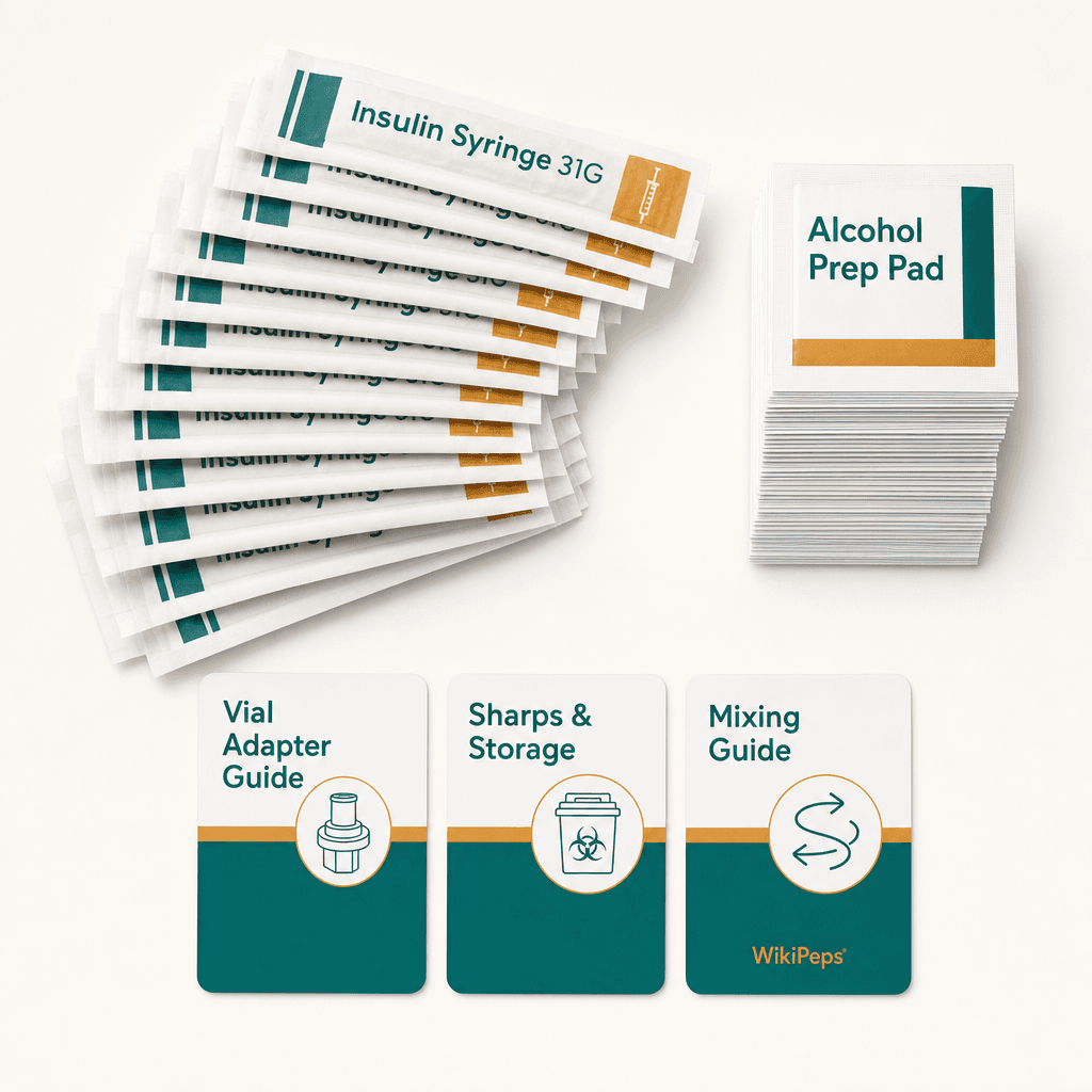 The WikiPeps Complete Kit — sterile insulin syringes, alcohol prep pads, and vial-adapter, sharps, and mixing-guide reference cards laid out on a clean surface