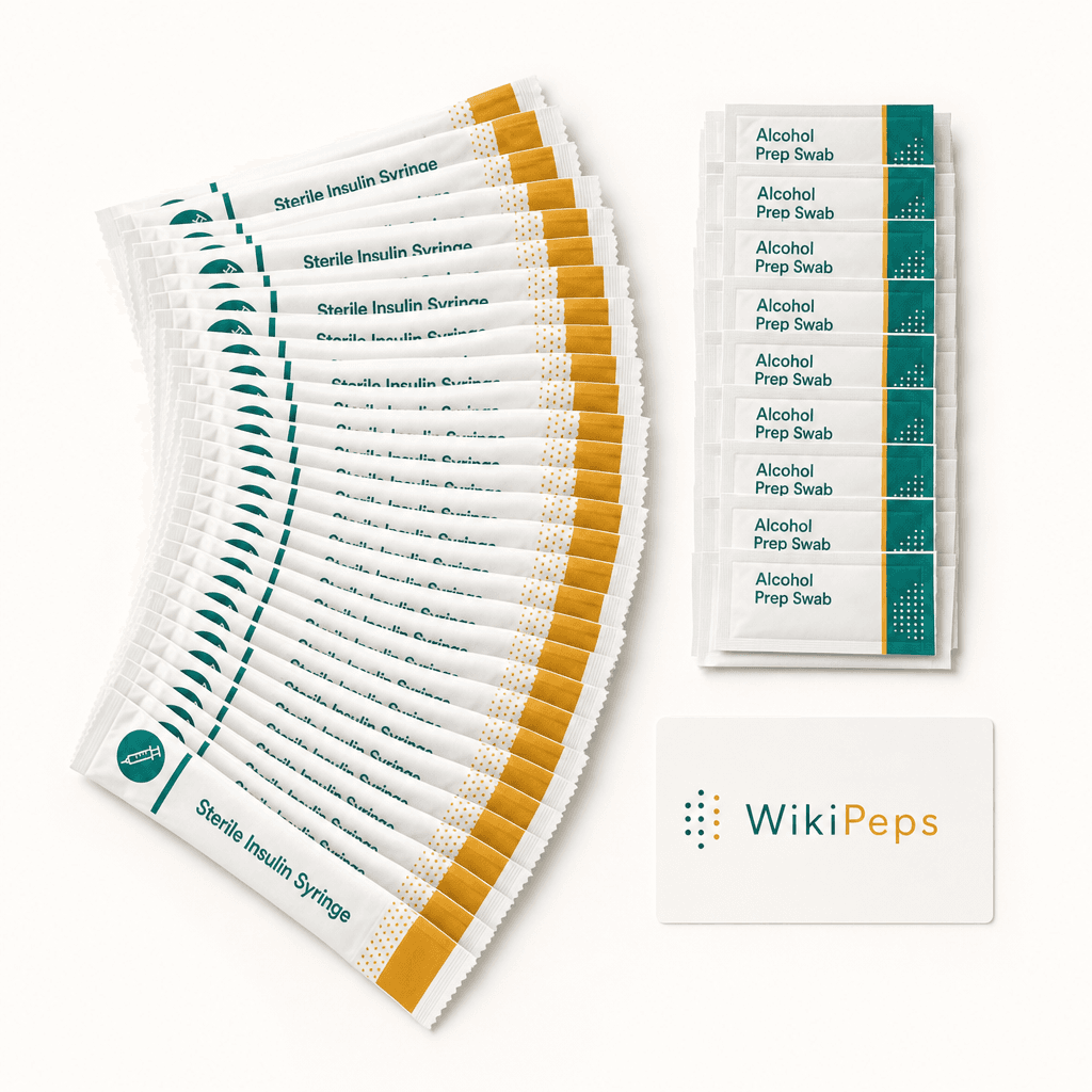 The WikiPeps Syringe Refill — a bulk pack of sterile insulin syringes with alcohol prep pads on a clean surface