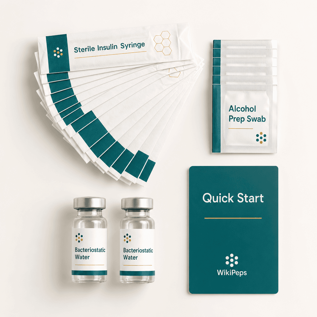 The WikiPeps Starter Kit — sterile insulin syringes, alcohol prep pads, bacteriostatic water vials, and a quick-start reference card laid out on a clean surface